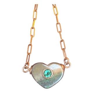 Australian Opal Heart Necklace With Emerald & 14k Gold Paperclip Chain For Sale