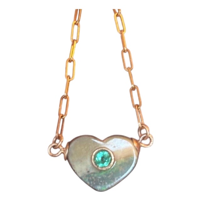 Australian Opal Heart Necklace With Emerald & 14k Gold Paperclip Chain For Sale