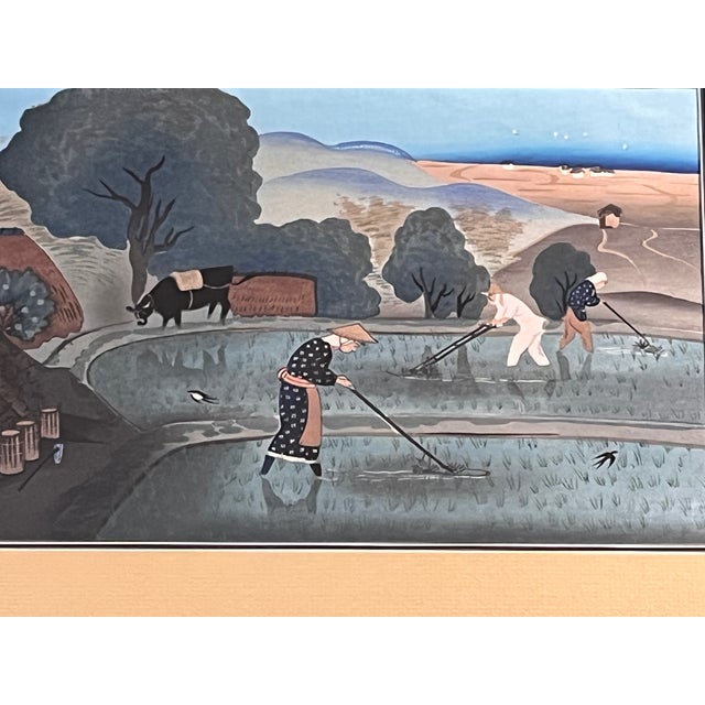 Japanese Vintage Japanese Woodblock Print Farmers Rice Paddy Framed 19x14 Minato Trading For Sale - Image 3 of 6