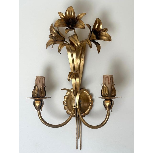 Italian Hollywood Regency Gilt Lily Sconces by Passeri, 1980s, Set of 2 For Sale - Image 10 of 14