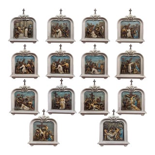 Complete Set of 14 19th Century French Polychrome Stations of the Cross Panels For Sale