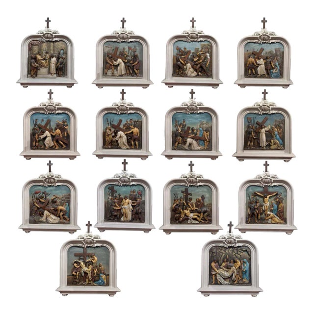 Complete Set of 14 19th Century French Polychrome Stations of the Cross Panels For Sale