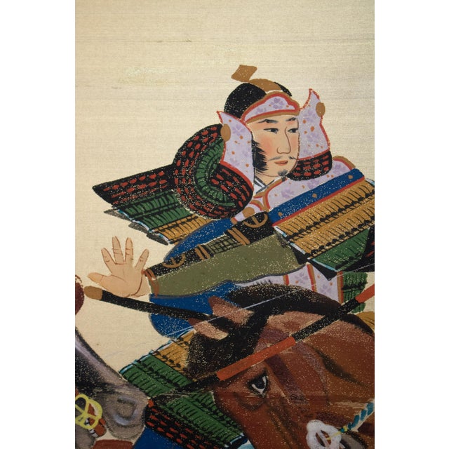 Goldenrod "Samurai", C. 1950s Showa Era Japanese Silk Byobu Screen For Sale - Image 8 of 18