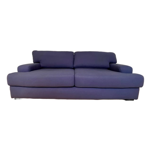 Custom Modern Upholstered Sofa in Italian Blue Felted Wool With Luggage Stitching For Sale