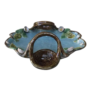 19th English Victorian Majolica Strawberries Platter With Handles