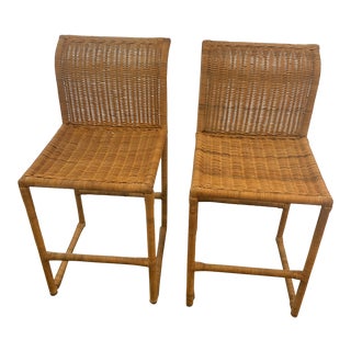Mid Century Modern Costal Boho Chic Wicker Bar Stools - a Pair For Sale