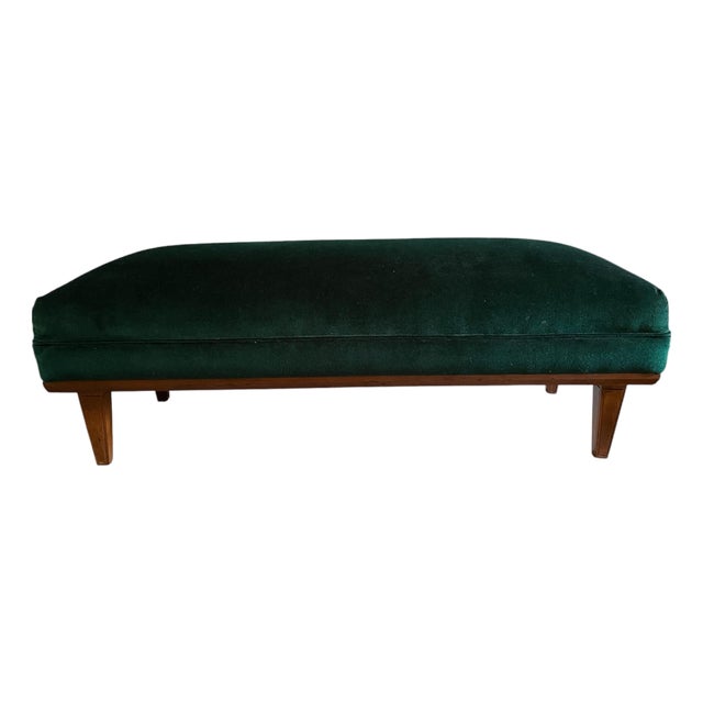 Vintage Mid-Century Modern Emerald Green Velvet Upholstered Walnut Bench For Sale