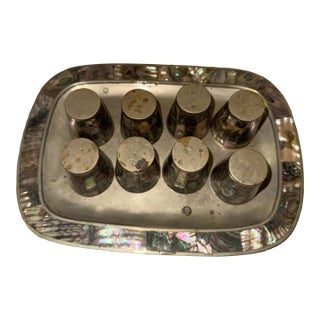 Antique 1950s Attributed to Los Castillo Mother of Pearl Brass Shot Glass of 8ct” Abalone Shells Art Deco For Sale
