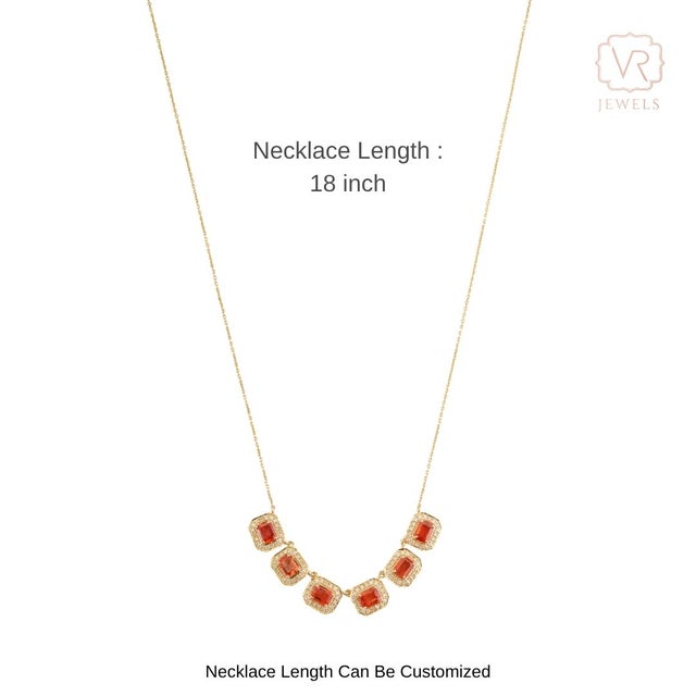 14k Yellow Gold 2.67ct Emerald-Cut Orange Sapphire Diamond Halo Station Necklace For Sale - Image 11 of 16