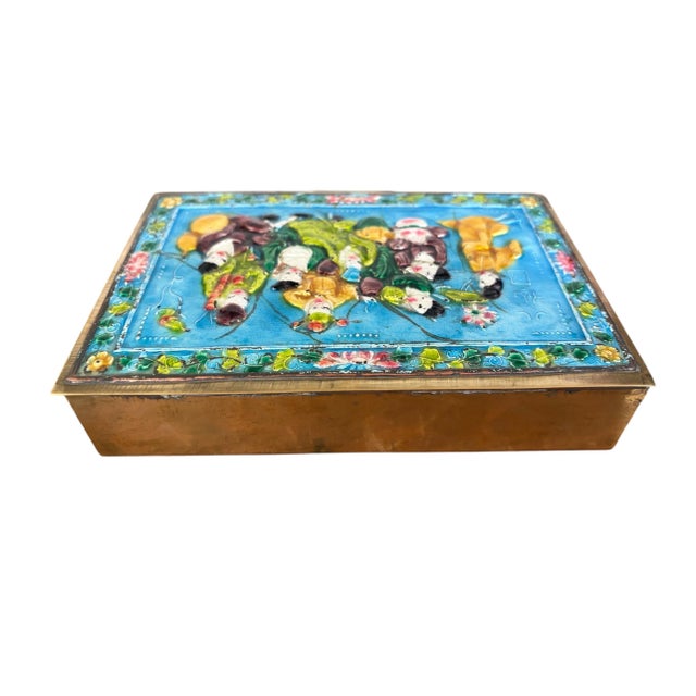 1930s Vintage Chinoiserie Enamel Repousse on Brass Hinged Chinese Box For Sale - Image 5 of 9