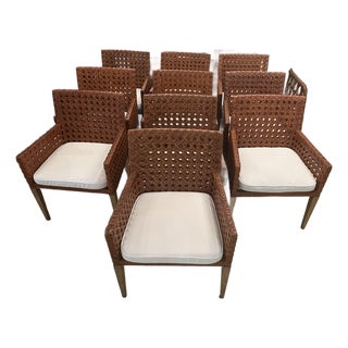 Vintage Set of 10 Woven Cane Rattan Dining Arm Chairs Armchairs Restored For Sale