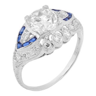 1930s Art Deco Gia 2.01 Carat Old Euro Cut Diamond Sapphire Platinum Engagement Ring, Size 6.5 For Sale