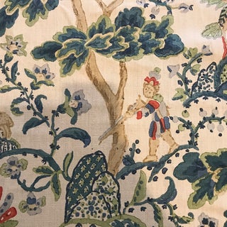 Scalamandre Kelmscott Hand Block Linen Peacock on Sand Fabric - 5 Yards For Sale