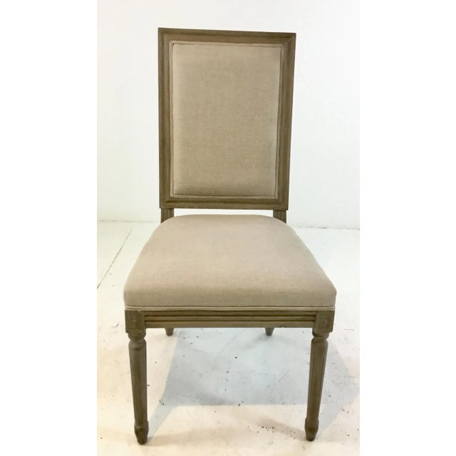 Stylish Transitional French Style Greige Linen Side Chair, gray wood frame with fluted legs