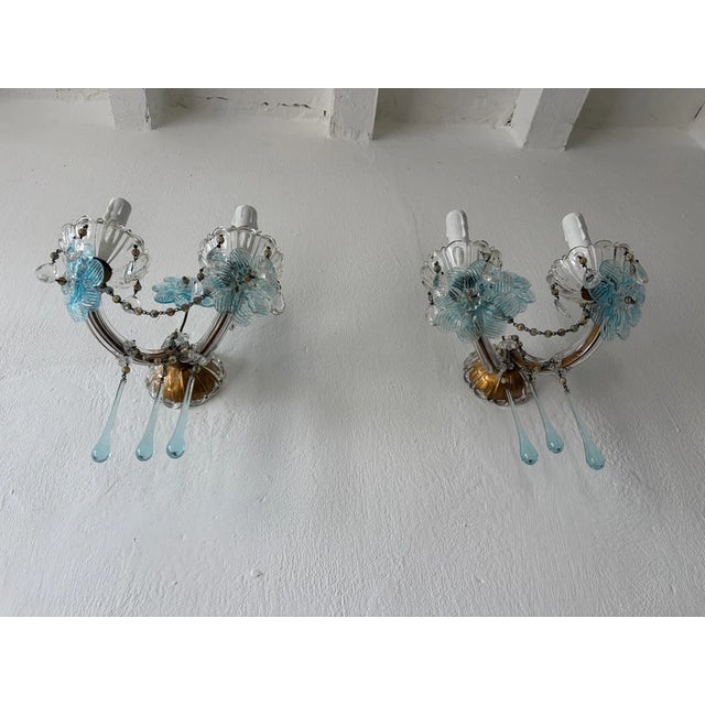 Italian C 1930 Aqua Blue Murano Flowers & Drops Crystal Prisms Sconces One of a Kind For Sale - Image 3 of 11