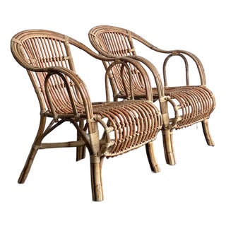Vintage Boho Bent Rattan Lounge Chairs - A Pair For Sale
