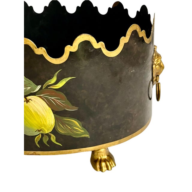 Maison Lancel Vintage French Black Tole Cachepot With Hand-Painted Fruit and Gilt Scalloped Rim Lion Head Ring Handles For Sale - Image 6 of 17