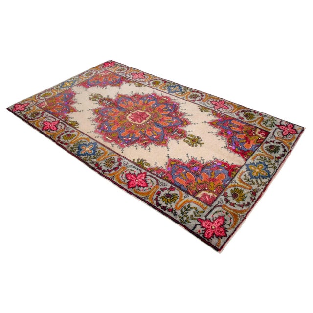 Textile 1970s Vintage Hand Knotted Colorful Turkish Rug - 4′11″ × 8′8″ For Sale - Image 7 of 12