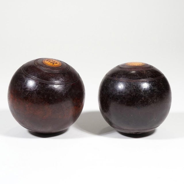 Brown Antique Lignum Vitae Bocce Lawn Bowling Balls & Leather Carrying Case--a Pair For Sale - Image 8 of 9