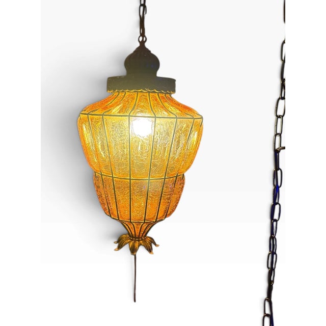1960s Vintage Amber Textured Glass Swag Pendant Lamp With Decorative Metal Cage, Newly Rewired For Sale - Image 5 of 8