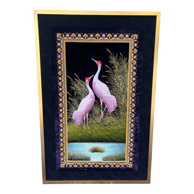 1980s Thai/Burmese Embroidered Cranes on a Velvet Background For Sale