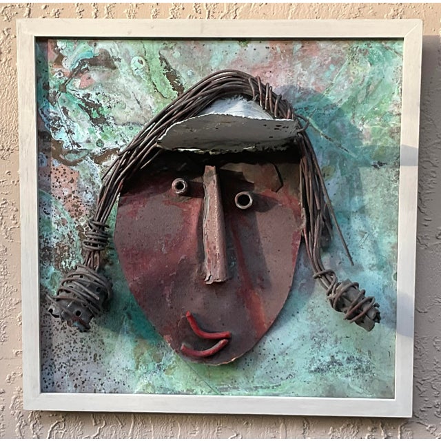 Funky Mixed Media Metal Face Sculpture Copper & Brass Brutalist Wall Art For Sale - Image 13 of 15