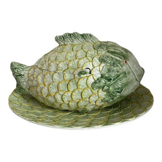 Vintage Italian Majolica Vegetable Fish Form Glazed Ceramic Soup Tureen With Platter For Sale