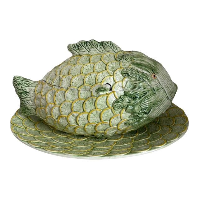 Vintage Italian Majolica Vegetable Fish Form Glazed Ceramic Soup Tureen With Platter For Sale