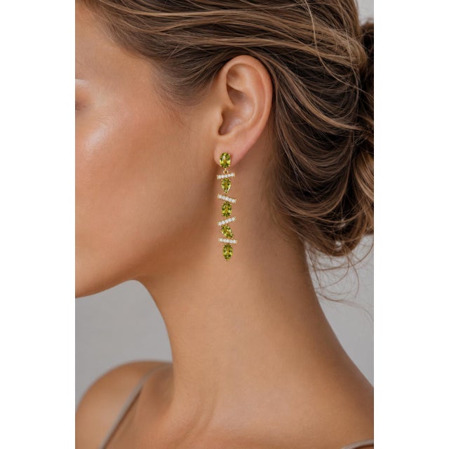 Modern Geometric Peridot Drop Earrings, Silver, Gold, Pair For Sale - Image 6 of 8