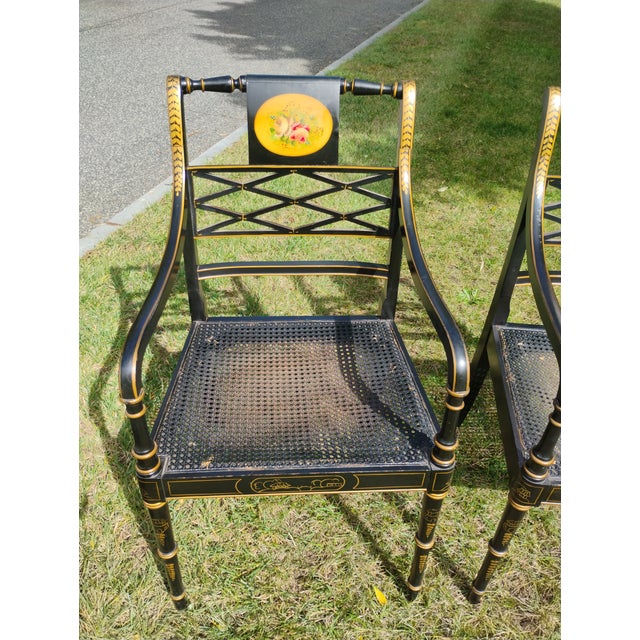 Wood Early 19th Century Pair of Regency Style Painted Black Chinoiserie Lacquer Chairs For Sale - Image 7 of 12