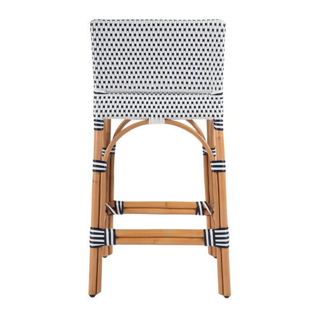 Wood Serienna 24.5 in. Seat Height Rectangular Rattan Low Back Counter Stool, White/Navy Dot / Natural Rattan Frame For Sale - Image 7 of 9
