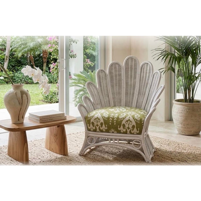 Most liked, vintage Palm frond chair. Chair Restored, enameled white rattan and wicker and custom professionally...