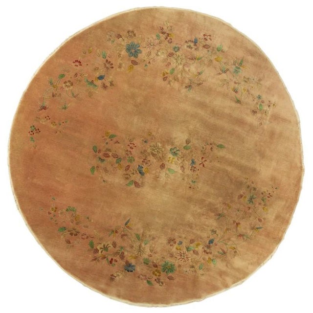 Apricot 1920s Antique Apricot Floral Open Field Medallion Chinese Art Deco Round Rug For Sale - Image 8 of 8