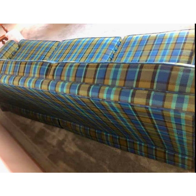 Royal Blue Mid Century Sofa Blue and Green Plaid 3 Seat Sofa For Sale - Image 8 of 12