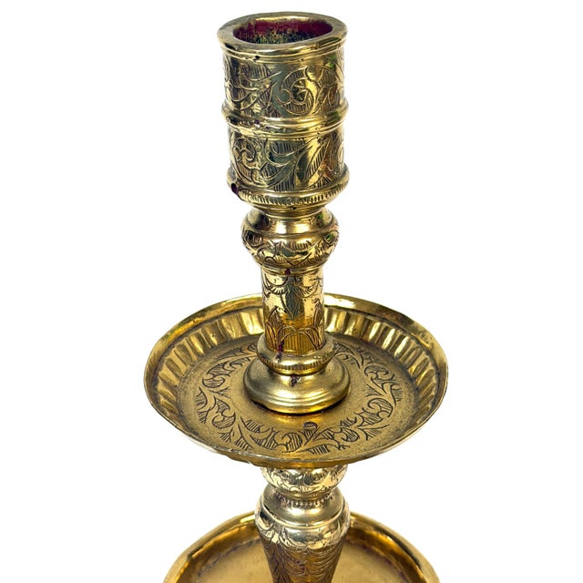 Large Dutch Baroque Engraved & Pierced Brass Chamber Candlestick Ventilated Base For Sale - Image 16 of 18