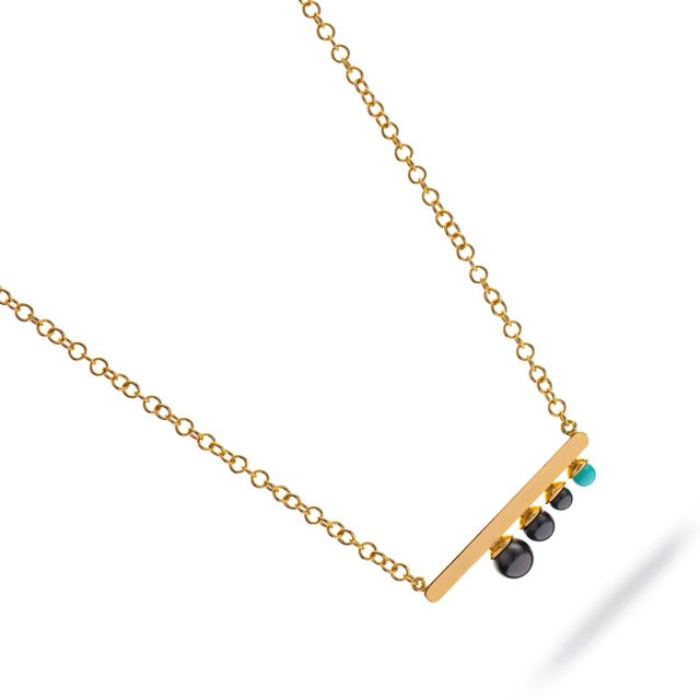 Modern Harmony Black Pearl & Turquoise Gold Necklace For Sale - Image 10 of 13