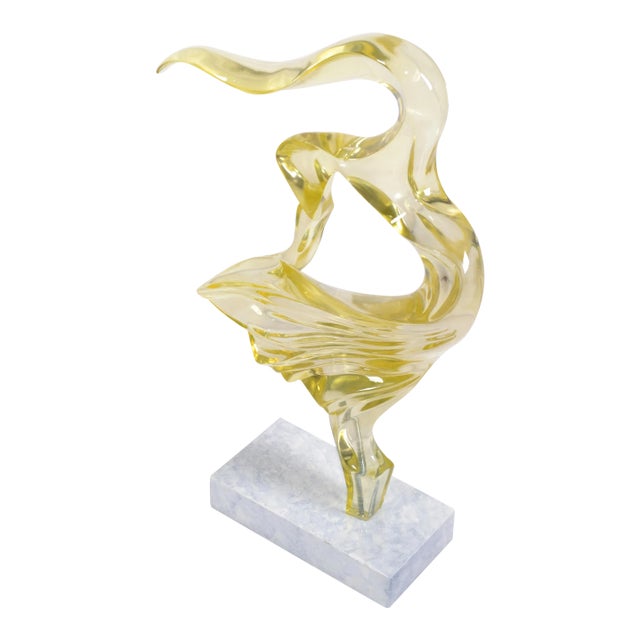 Tall Neon Yellow Mid-Century Modern Abstract Lucite Sculpture on White Base 1980 For Sale