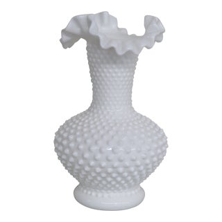 Fenton Hobnail White Milk Glass Ruffled Rim Tall Large Vase For Sale