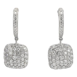 Ladies 14k White Gold 1.11ctw Round Diamond Square Pave Cluster Dangle Earrings, A Pair For Sale