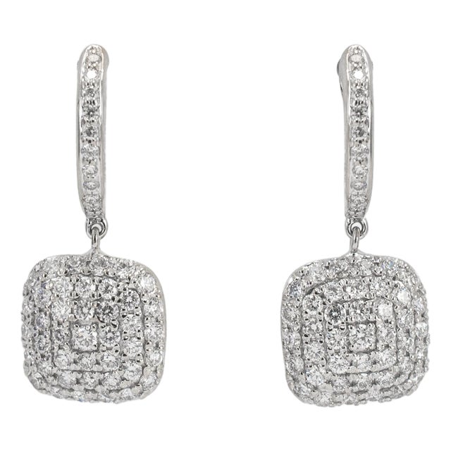 Ladies 14k White Gold 1.11ctw Round Diamond Square Pave Cluster Dangle Earrings, A Pair For Sale