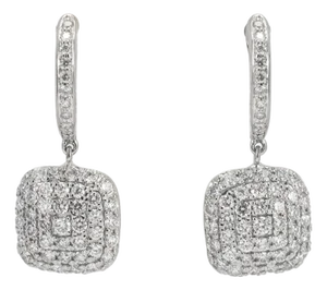 Ladies 14k White Gold 1.11ctw Round Diamond Square Pave Cluster Dangle Earrings, A Pair