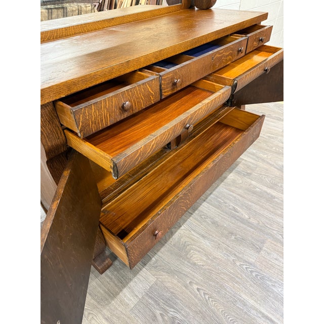 Brown Antique Empire Quarter Sawn White Tiger Oak Sideboard Server Buffet For Sale - Image 8 of 13