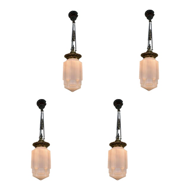 Art Deco Bronze Electric Ceiling Pendant With Stepped Glass Globe For Sale