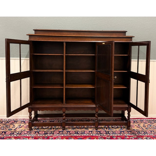Antique English Jacobean Bookcase Bookshelf Cabinet Barley Twist Wavy Glass Oak For Sale - Image 16 of 18