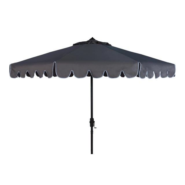 Single Scallop 9 Ft Crank Outdoor Push Button Tilt Umbrella in Taupe & White For Sale