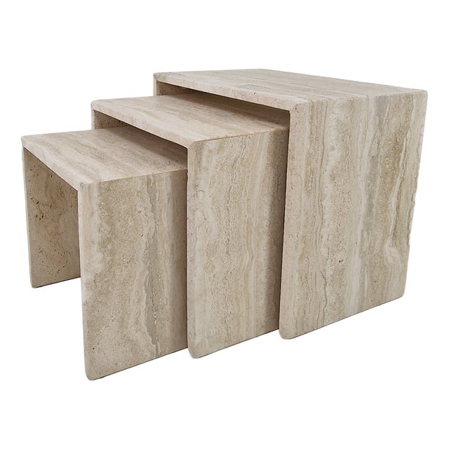 Italian Grooved Travertine Nesting Tables, 1980s, Set of 3 For Sale