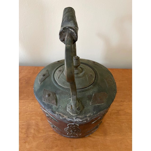 Antique Morrocan Large Copper Tea Kettle With Embossed Brass Detailing For Sale - Image 4 of 9