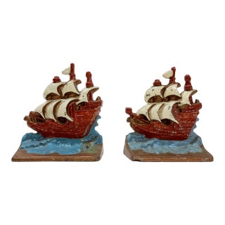 Vintage Colorful Cast Iron Ship Motif Bookend Pair For Sale
