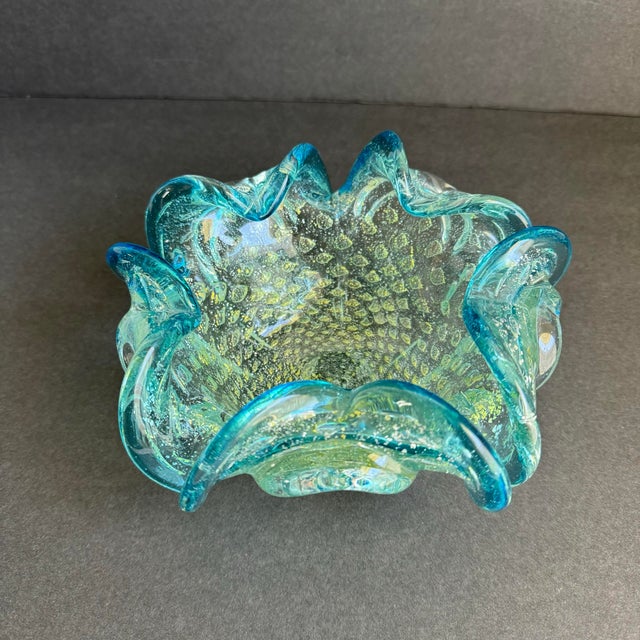 Art Glass Dish Turquoise Gold Bullicante Bubbles Mid Century Italian Murano For Sale - Image 10 of 10