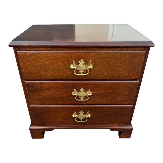 Late 20th Century Queen Anne 3-Drawer Chest, Mahogany With Brass Leaf Hardware For Sale